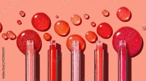 Fototapeta Beauty photography flat lay of lip gloss applicators with scattered drops of coral, red, and pink gloss, luminous glossy textures