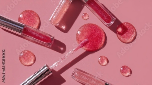 Fototapeta Clean flat lay showcasing lip gloss applicators with bold pink drops, glossy thick textures and reflective sheen for luxury branding
