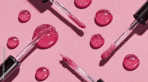Fototapeta Clean flat lay showcasing lip gloss applicators with bold pink drops, glossy thick textures and reflective sheen for luxury branding