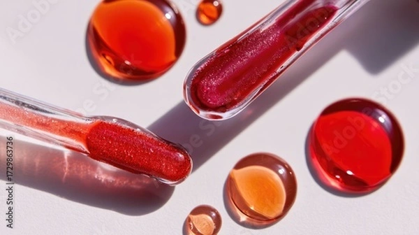Fototapeta Editorial flat lay featuring sleek lip gloss wands with thick vibrant liquid drops, high-shine textures, and hyper-realistic reflections on white
