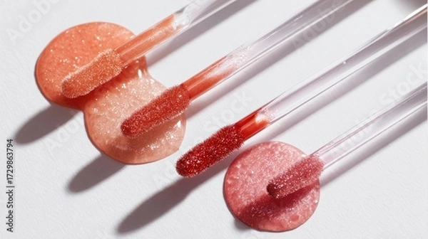 Fototapeta Flat lay close-up of glossy lip gloss applicators with coral peach, cherry red, and rose pink drops on a white background, reflecting luxurious shine