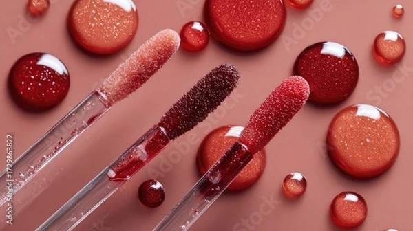 Fototapeta Flat lay close-up of lip gloss applicators arranged diagonally, with shiny textured drops in warm pink and red tones, clean aesthetic