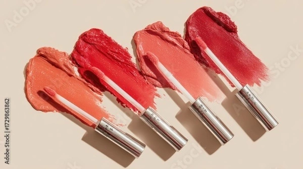 Fototapeta Glossy lip gloss wands arranged flat lay style with thick liquid smears of coral, red, and pink shades, modern cosmetic branding aesthetic