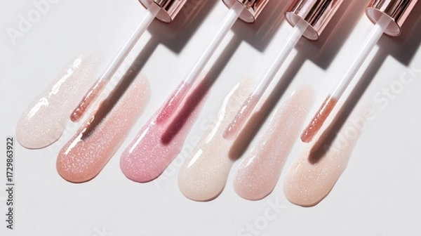 Fototapeta High-end cosmetic flat lay with glossy lip gloss applicators, thick drops glowing on a pristine white background, luxury branding vibe