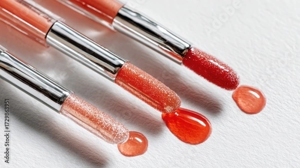 Fototapeta Hyper-detailed close-up of shiny lip gloss wands, dripping coral peach and cherry red gloss on a clean white background, elegant beauty styling
