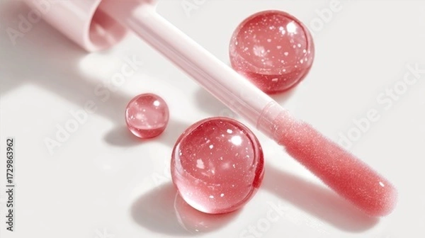 Fototapeta Hyper-realistic textures of lip gloss applicators with glowing liquid drops, reflecting smooth highlights on a minimalist white background