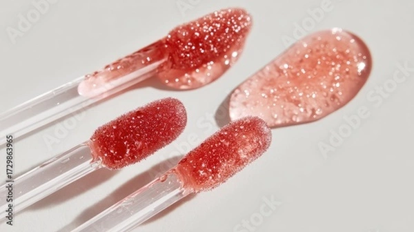 Fototapeta Hyper-realistic textures of lip gloss applicators with glowing liquid drops, reflecting smooth highlights on a minimalist white background