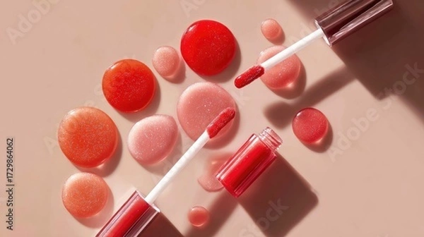 Fototapeta Minimalist beauty flat lay of lip gloss applicators arranged with coral, red, and pink drops, glossy thick texture glistening under soft light