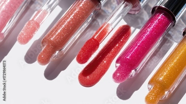 Fototapeta Minimalist modern flat lay with glossy lip gloss applicators, thick vibrant drops reflecting light, hyper-real textures on white