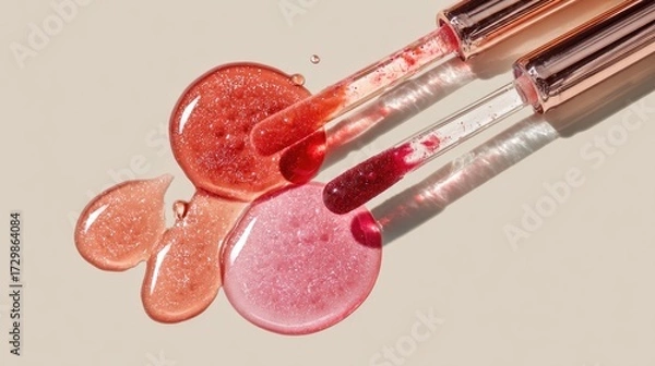 Fototapeta Ultra-detailed cosmetic flat lay of lip gloss wands with coral peach, cherry red, and rose pink liquid drops creating a luxe look