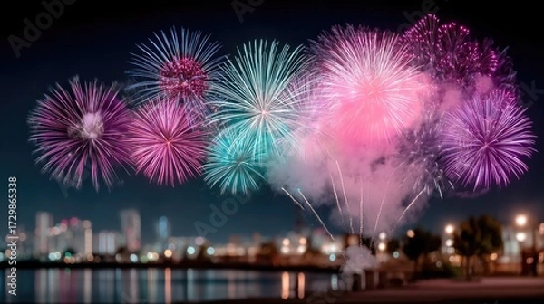 Fototapeta Vibrant Fireworks Display Over City at Night with Colorful Bursts and Reflections in Water