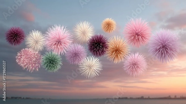 Obraz Vibrant Fireworks Exploding Against a Twilight Sky in a Cinematic HDR Display