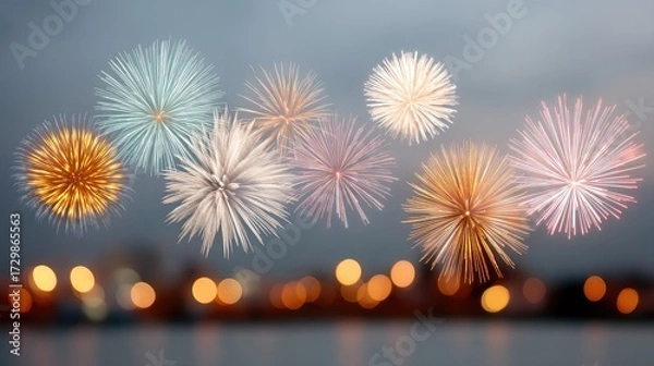 Obraz Vibrant Fireworks Exploding in Dark Blue Night Sky Celebration with Bokeh Light Background
