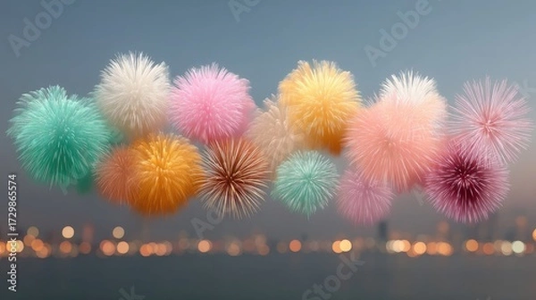 Obraz Vibrant Fireworks Exploding at Night Sky Festive Celebration with Colorful Light Bursts and Blurred Cityscape Background