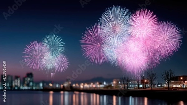 Obraz Vibrant Fireworks Exploding in Night Sky Over Cityscape Festive Celebration Multicolored Bursts Against Twilight Background Long Exposure Photography