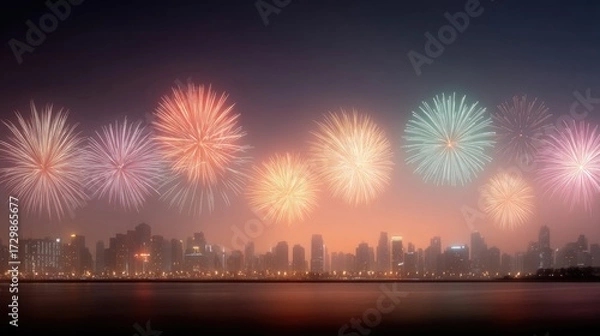 Obraz Vibrant Fireworks Exploding Over Cityscape at Night With Light Trails and Silhouette Buildings Against a Deep Blue Sky Illuminating The Water