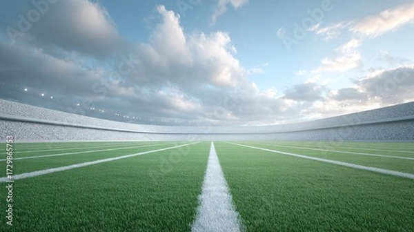 Obraz Vibrant Football Stadium Under Cloudy Sky with Green Field and White Lines Under Bright Light