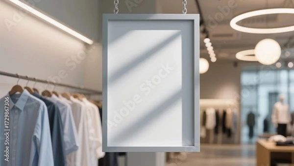 Obraz Blank framed sign hanging in a modern clothing store with shirts on racks and circular lighting
