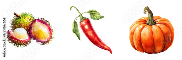 Fototapeta Watercolor painting featuring rambutan, chili pepper and pumpkin vegetables displayed as art on transparent background