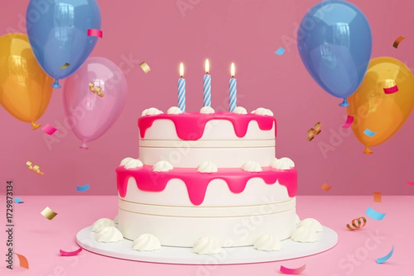 Fototapeta Birthday Cake with Chocolate Layers, Pink Icing, and Candles on table with balloon background, 3d render
