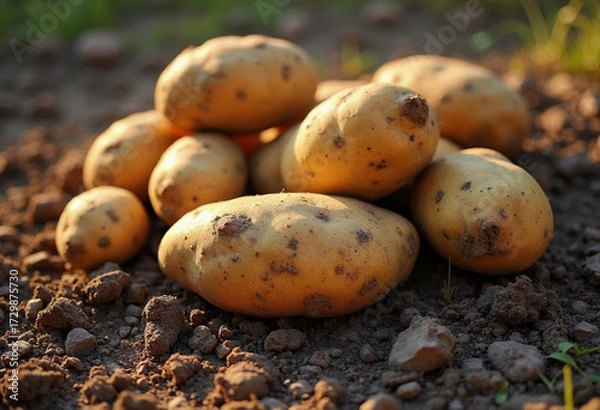 Fototapeta Freshly harvested potatoes lying on the ground in the field 
