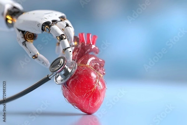 Fototapeta A robot hand using a stethoscope to examine a human heart.