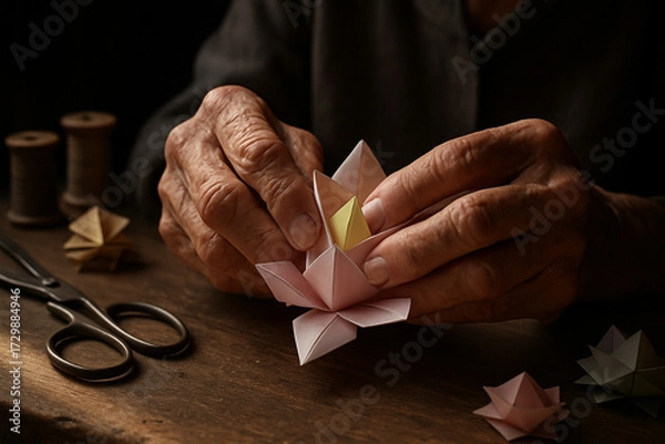 Fototapeta Senior hands folding a beautiful, colorful modular origami lotus flower on a dark, rustic table.