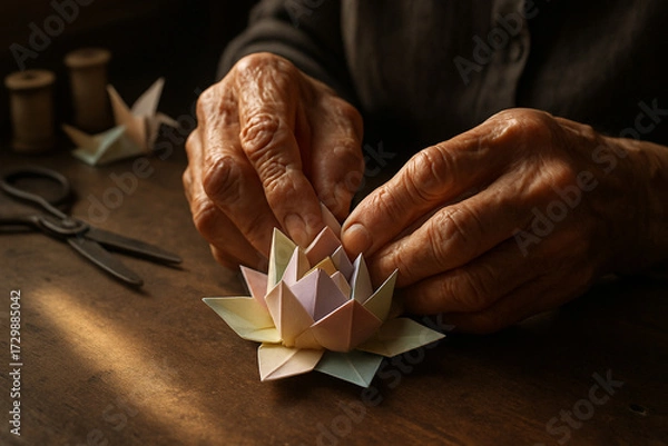 Fototapeta Senior hands folding a beautiful, colorful modular origami lotus flower on a dark, rustic table.