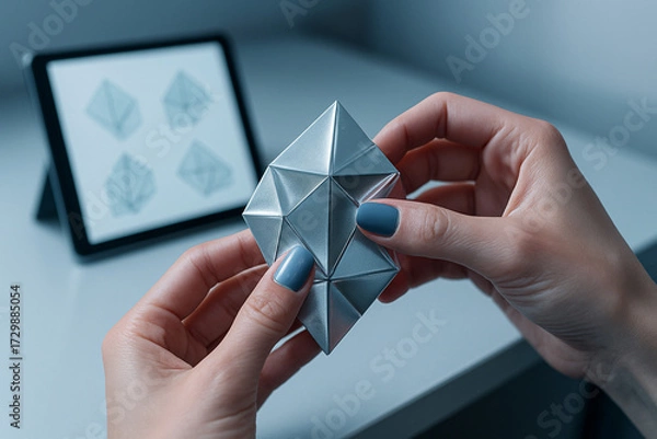 Fototapeta Hands delicately fold a geometric silver modular origami model, highlighting innovation and design.