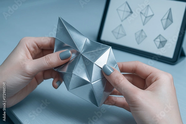 Fototapeta Hands delicately fold a geometric silver modular origami model, highlighting innovation and design.
