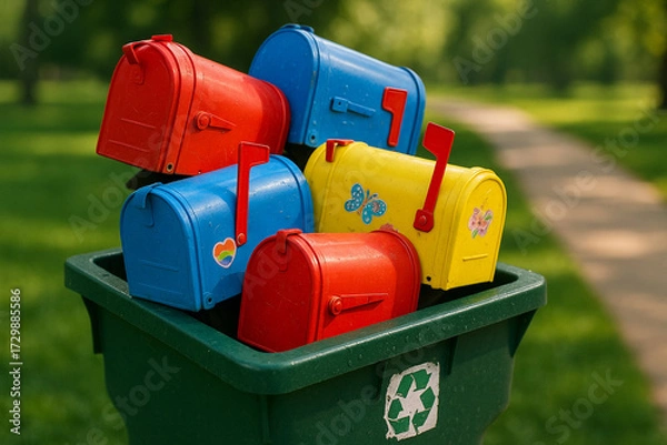 Fototapeta A vibrant pile of red, blue, and yellow mailboxes sit atop a green recycling container in a park.