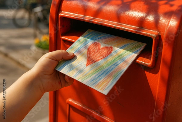 Fototapeta Adorable young hand inserts a crayon-drawn postcard featuring a heart into a vivid red post box.