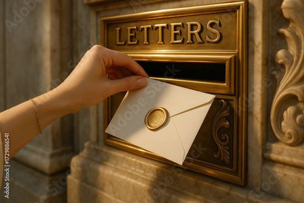 Fototapeta A golden letterbox accepts an elegant envelope, sealed with wax. Reflecting classic style and timeless communication.