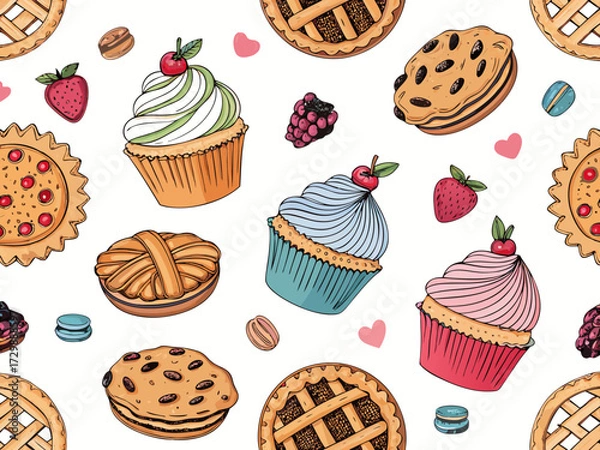 Fototapeta Showcasing Seamless Bakery Doodles With Cupcakes Pies And Elegant Creative Visual