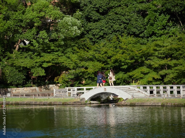Fototapeta 夏の徳川園の中で散策する女性観光客の姿