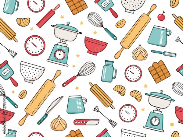 Fototapeta Showcasing Seamless Wallpaper Bakery Utensils Bold Vect Dynamic High-Quality Stock Image