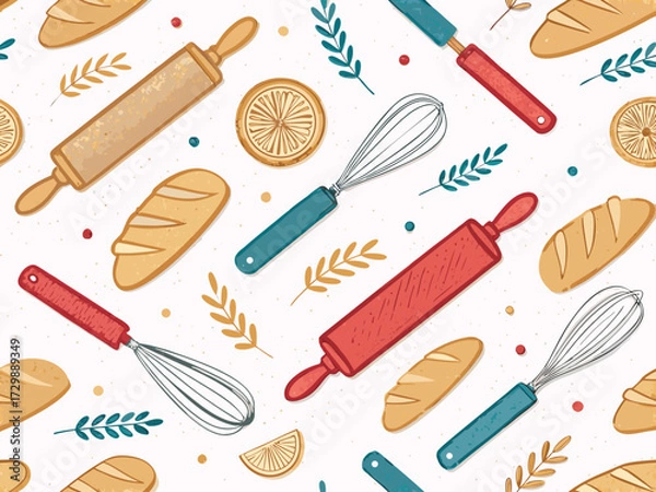 Fototapeta Seamless Wallpaper Rolling Pins Whisks And Creative Visual Suitable for Design