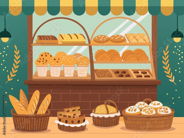 Fototapeta Vibrant Bakery Scene With Bread Baskets And High-Quality Stock Image Great for Commercial Projects