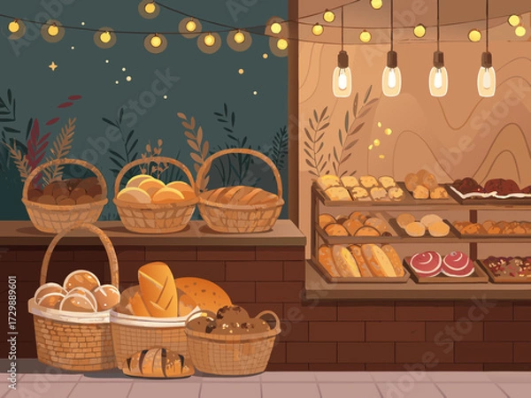 Fototapeta Stunning Vibrant Bakery Scene With Bread Baskets And Premium Digital Asset