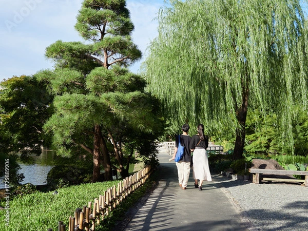 Fototapeta 夏の徳川園の中で散歩する若い男女カップル観光客の姿