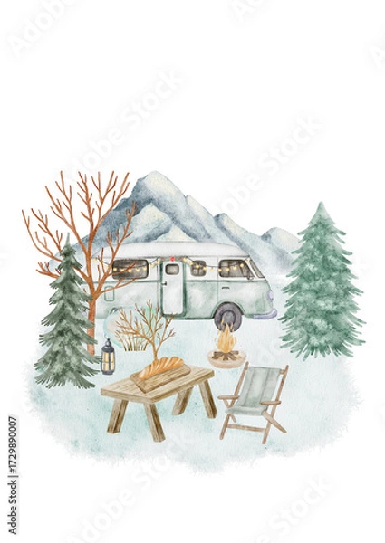 Fototapeta  A digital watercolor scene showing a classic winter setup with a small cabin and a travel trailer/camper in a snowy, peaceful environment.