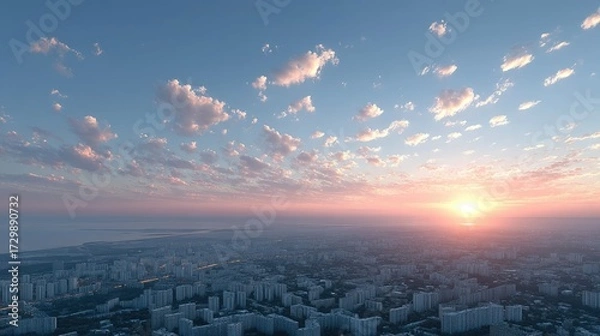 Fototapeta Vibrant Sunset Over City Skyline with Scattered Clouds Reflecting Warm Sunlight and Hazy Atmospheric Perspective in Wide Angle Cinematic HDR View