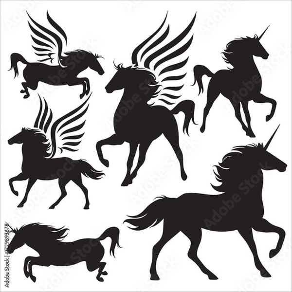 Obraz Silhouette Unicorns And Pegasus Vector Icons