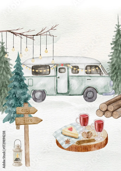 Fototapeta A digital watercolor scene featuring a camper van and a cozy outdoor picnic setting with hot drinks and treats in the snow, decorated with lights.