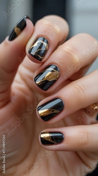 Fototapeta Elegant black nails with golden accents for a sophisticated touch of beauty and style statement