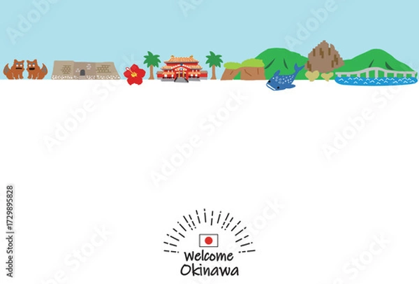 Obraz かわいい手描きの沖縄県の観光地街並みフラットカラー