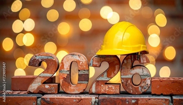 Fototapeta Brick Wall 2026 with Construction Helmet and Festive Lights