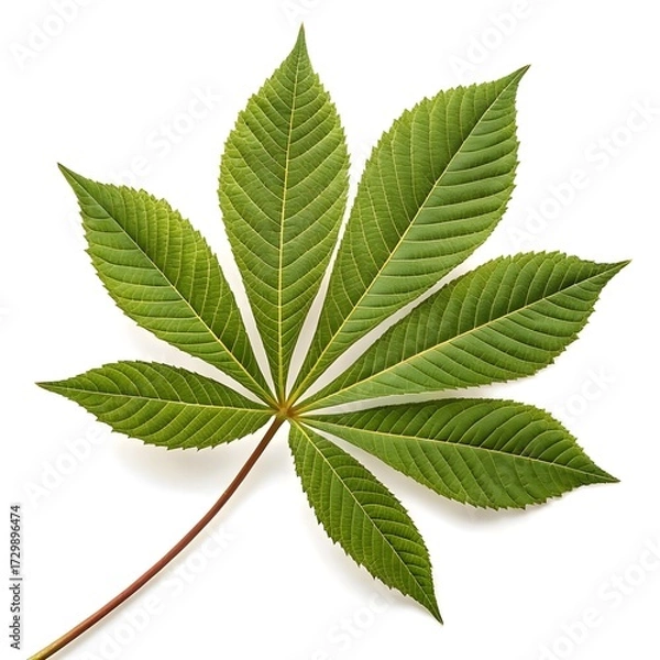 Fototapeta California Buckeye Leaf Elegant Tropical Green Foliage with Palmately Compound Leaflets and Distinct Vein Texture Radiating Natural Freshness and Exotic Beauty on White Background