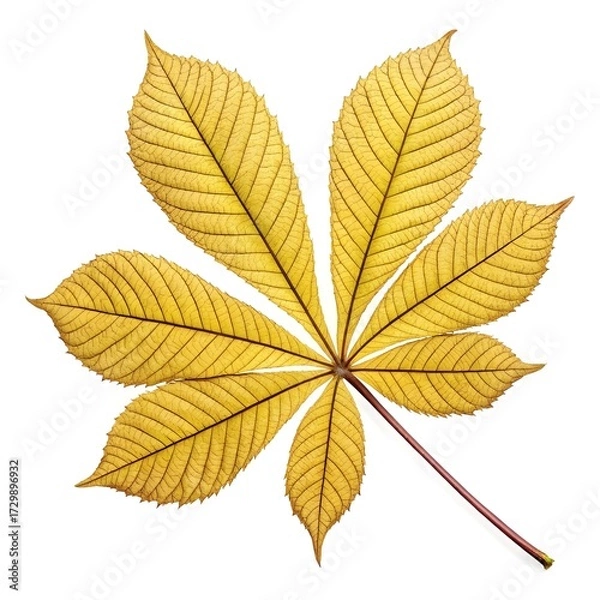 Fototapeta Yellow Buckeye Leaf Majestic Tropical Green Foliage with Palmately Compound Leaflets and Bold Vein Texture Radiating Exotic Freshness and Natural Elegance on White Background