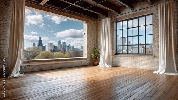 Obraz Cityscape Vista from Open Room: An expansive open room showcases a breathtaking city skyline through large, inviting windows, perfectly framing the urban scenery beyond.